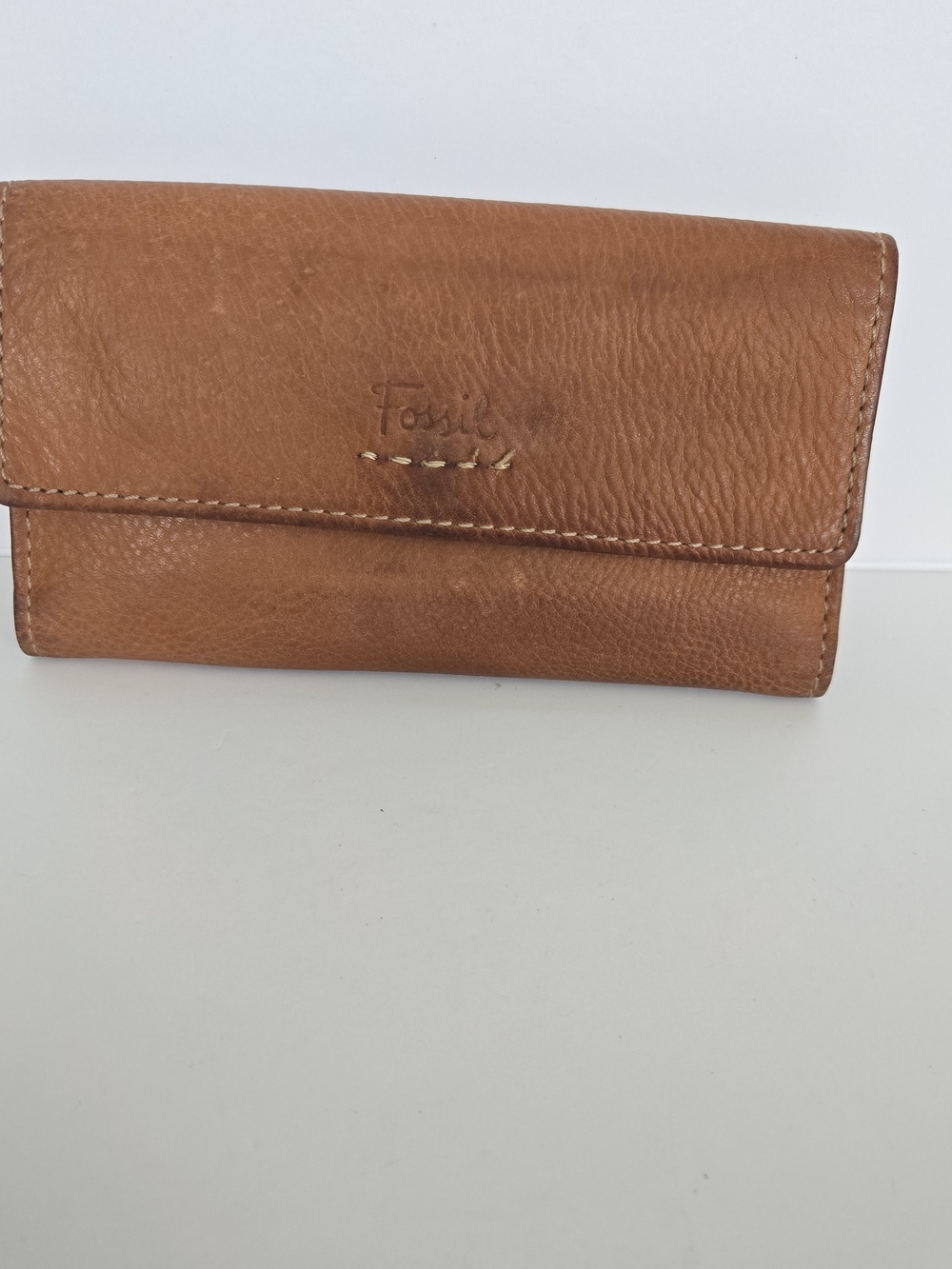 FOSSIL Brown Leather Snap Button Clutch 7” x 3.75” Wallet Vintage Women's